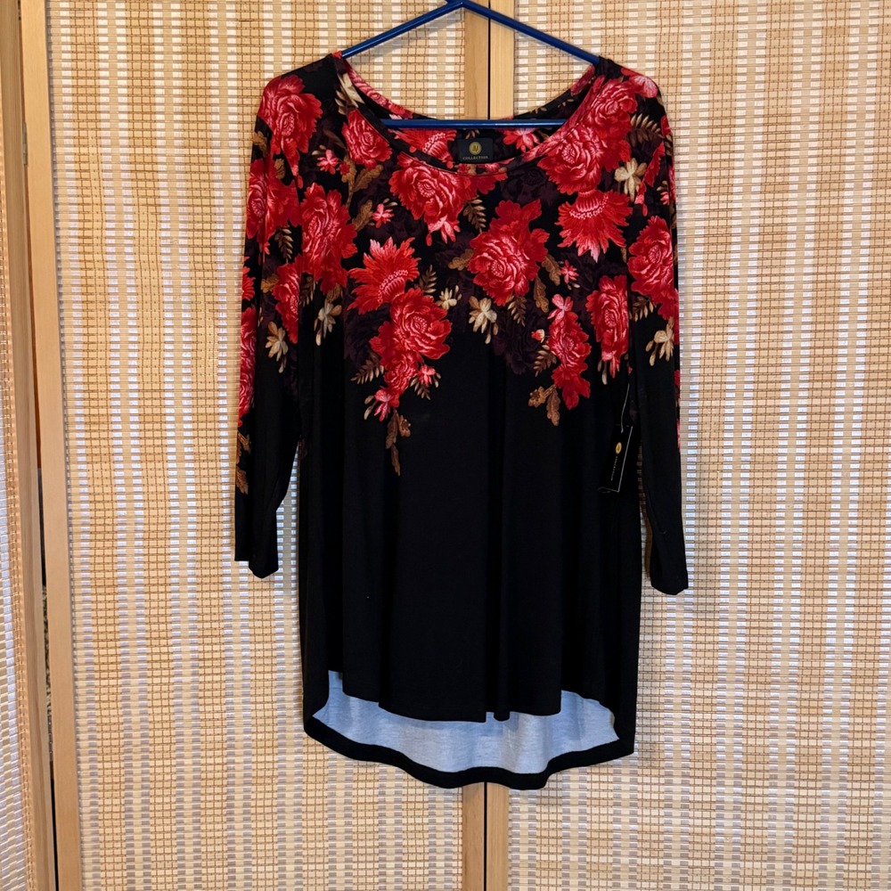 JM Collection Womens XL Red Floral Black 3/4 Sleeve High-Low Tunic Top NEW